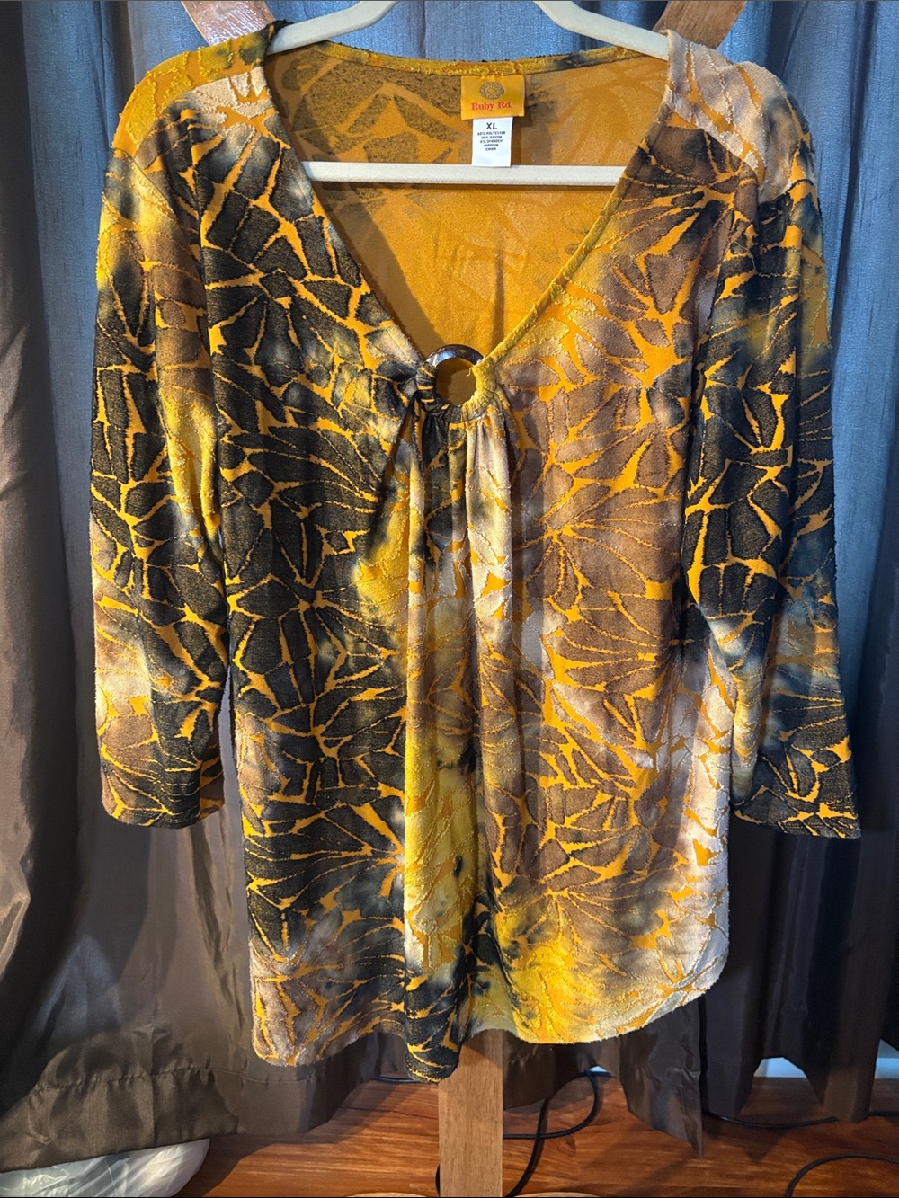 Ruby Rd. XL Yellow and Brown Leaf-Print Ring-Front Tunic